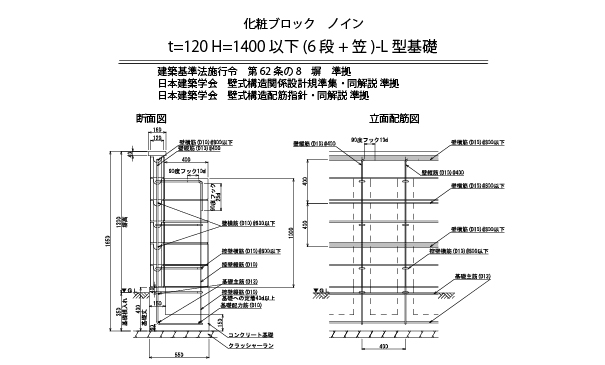 参考断面図 積みブロック ノイン 1 笠付 間仕切り 塀 エクステリア 久保田セメント工業株式会社