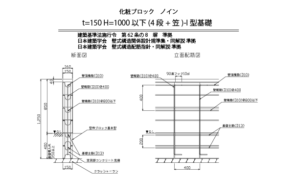 参考断面図 積みブロック ノイン 150 笠付 間仕切り 塀 エクステリア 久保田セメント工業株式会社